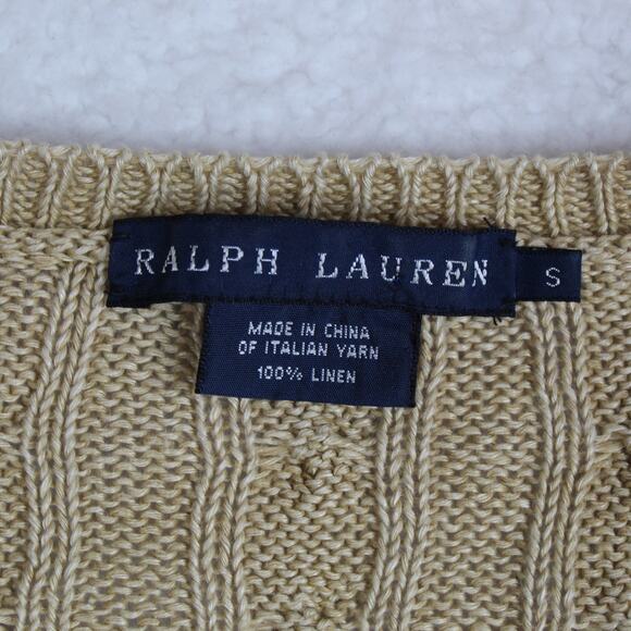 Ralph Lauren Sweater Women Small Tan Linen Cable Knit Metallic Preppy Tennis - Picture 3 of 7